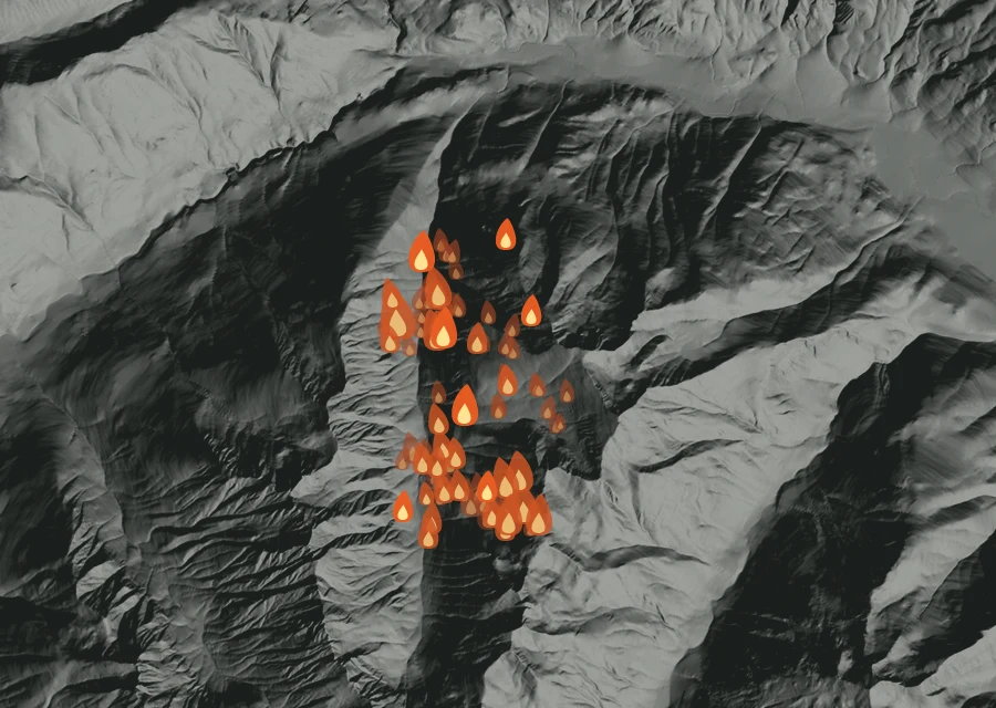 Map for Wed 26 Aug: flames mark every place that gave off heat that day.