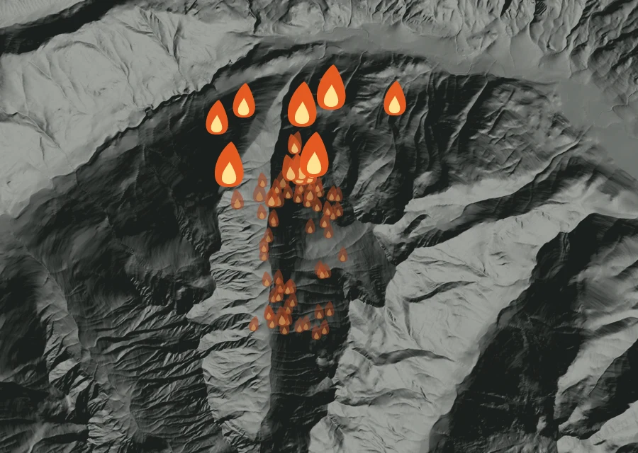 Map for Thu 27 Aug: flames mark every place that gave off heat that day.