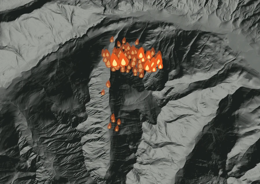 Map for Fri 28 Aug: flames mark every place that gave off heat that day.