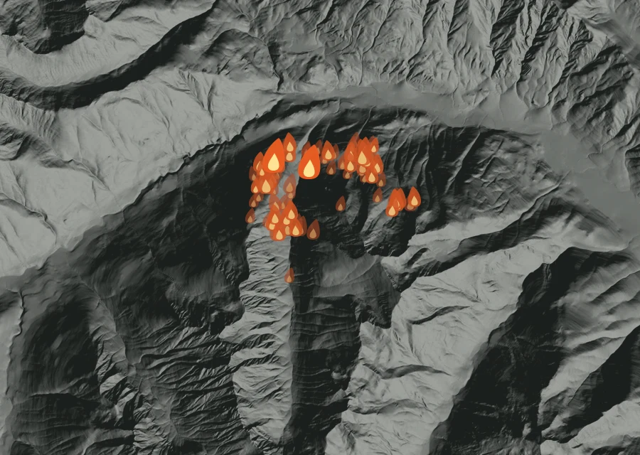 Map for Sun 30 Aug: flames mark every place that gave off heat that day.