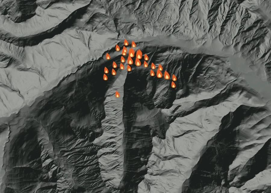 Map for Wed 2 Sep: flames mark every place that gave off heat that day.