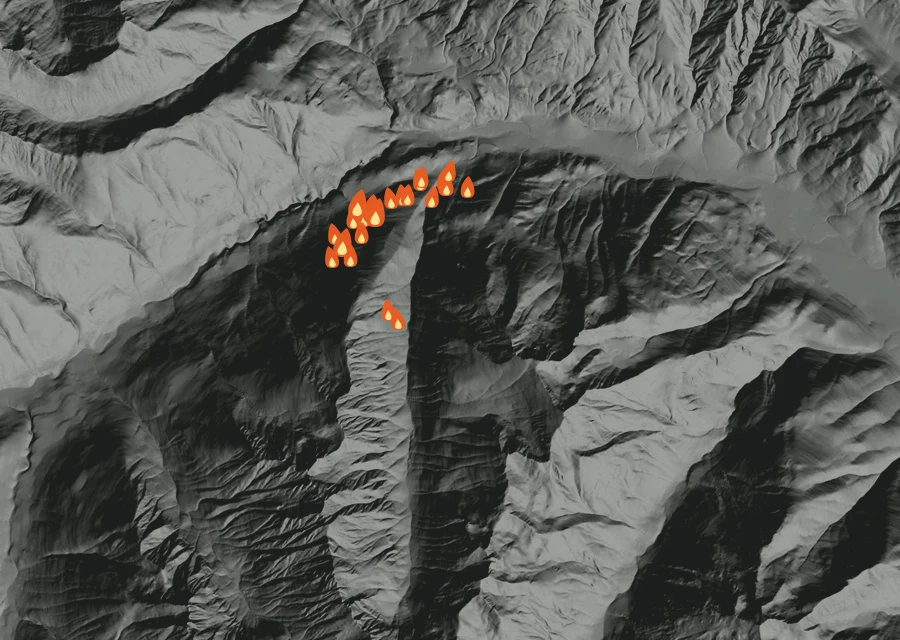 Map for Sun 6 Sep: flames mark every place that gave off heat that day.