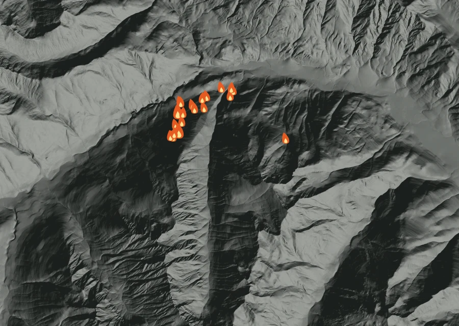 Map for Mon 7 Sep: flames mark every place that gave off heat that day.