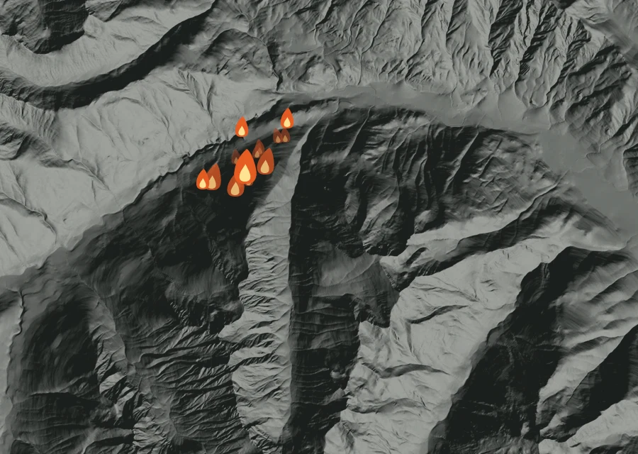 Map for Tue 8 Sep: flames mark every place that gave off heat that day.