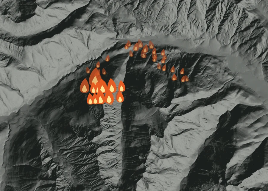 Map for Sat 12 Sep: flames mark every place that gave off heat that day.