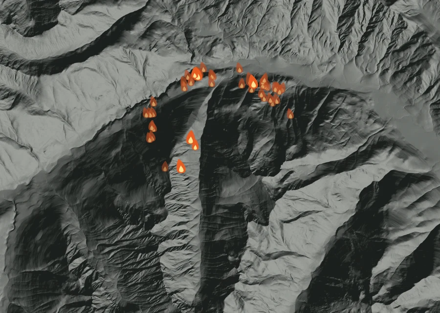 Map for Thu 17 Sep: flames mark every place that gave off heat that day.