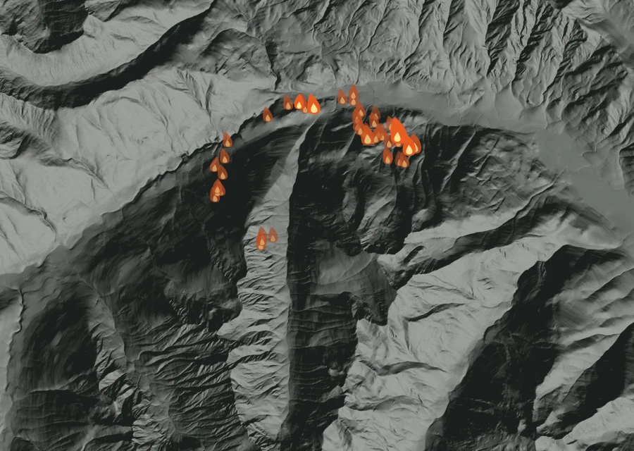 Map for Fri 18 Sep: flames mark every place that gave off heat that day.
