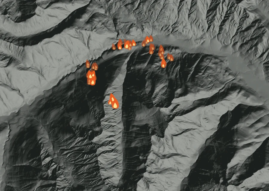 Map for Sat 19 Sep: flames mark every place that gave off heat that day.