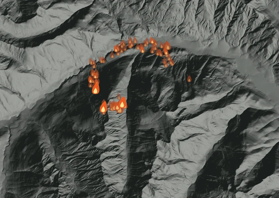 Map for Sun 20 Sep: flames mark every place that gave off heat that day.