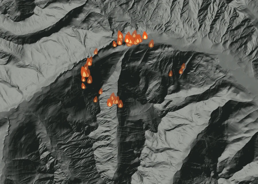 Map for Wed 23 Sep: flames mark every place that gave off heat that day.