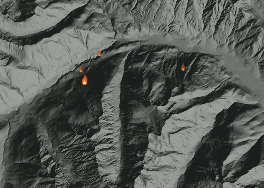 Map for Tue 6 Oct: flames mark every place that gave off heat that day.