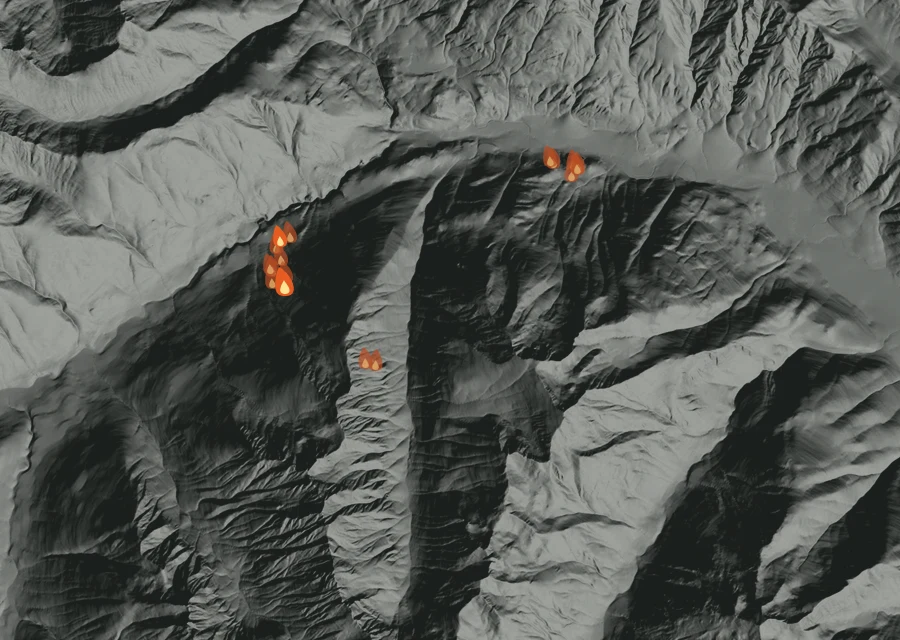 Map for Thu 8 Oct: flames mark every place that gave off heat that day.