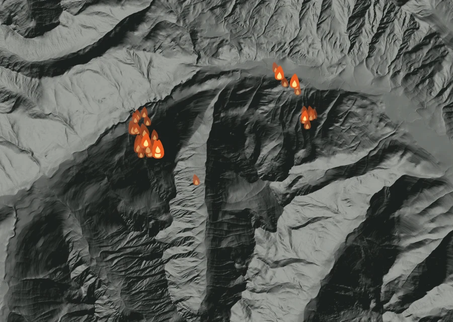 Map for Fri 9 Oct: flames mark every place that gave off heat that day.