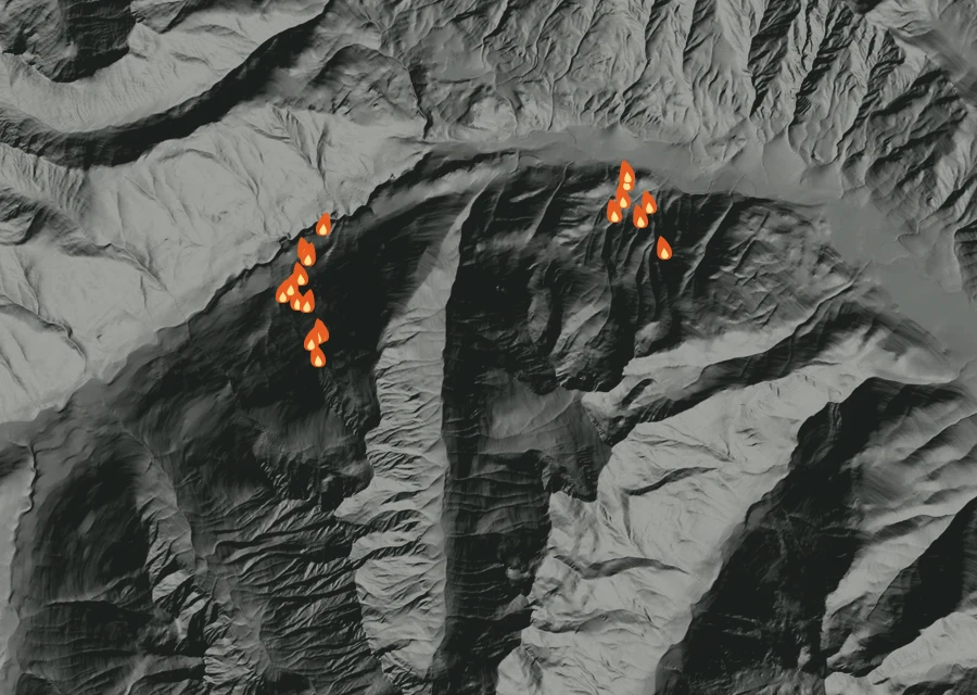 Map for Mon 12 Oct: flames mark every place that gave off heat that day.