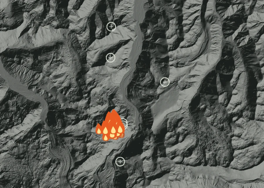 Map for Tue 25 Aug: flames mark every place that gave off heat that day.