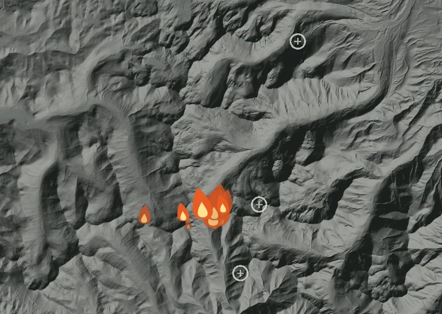 Map for Wed 26 Aug: flames mark every place that gave off heat that day.