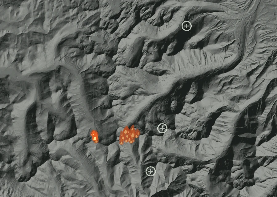 Map for Thu 27 Aug: flames mark every place that gave off heat that day.
