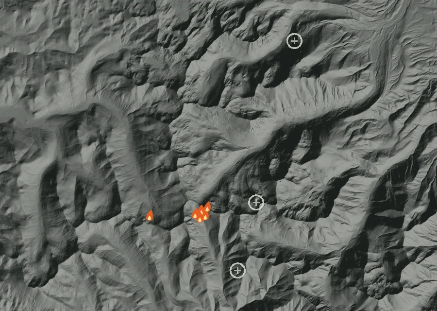 Map for Fri 28 Aug: flames mark every place that gave off heat that day.