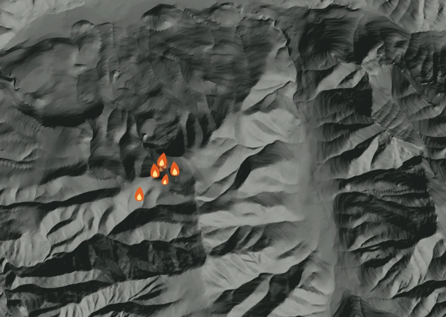 Animated map of the Swiss Roll Fire across the whole record, with a time bar along the bottom showing energy released and the local date.