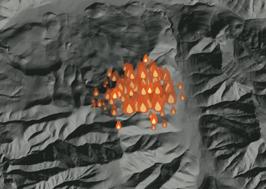Map for Sat 12 Sep: flames mark every place that gave off heat that day.