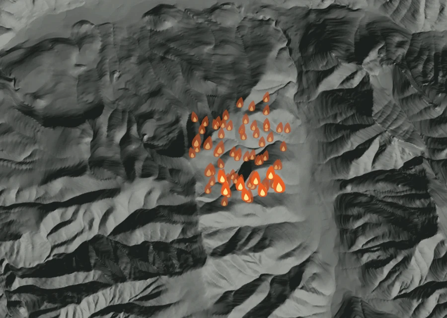 Map for Sun 13 Sep: flames mark every place that gave off heat that day.