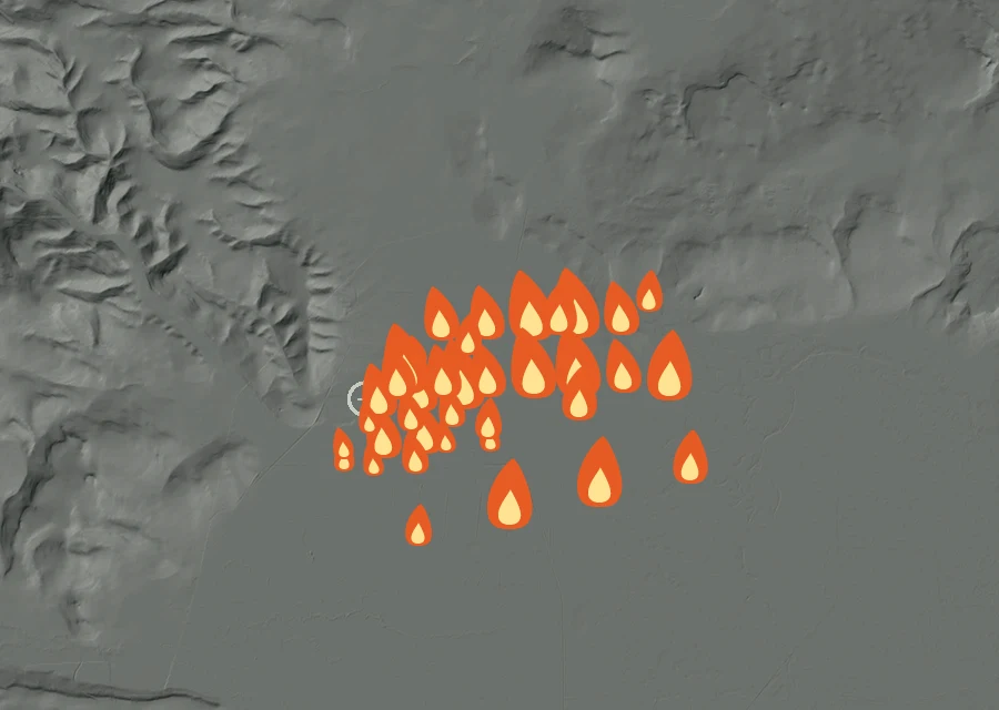 Animated map of the Sycan Fire across the whole record, with a time bar along the bottom showing energy released and the local date.