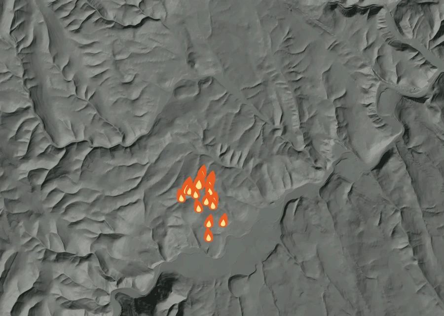 Animated map of the Target Fire across the whole record, with a time bar along the bottom showing energy released and the local date.