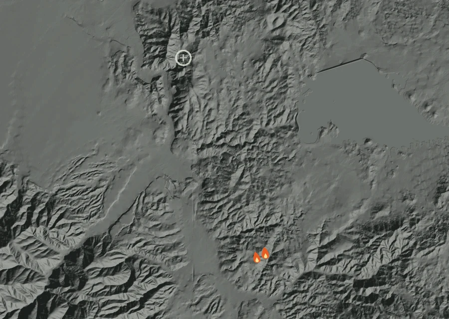 Animated map of the Temescal Canyon Rd / Dos Lagos Dr Fire across the whole record, with a time bar along the bottom showing energy released and the local date.