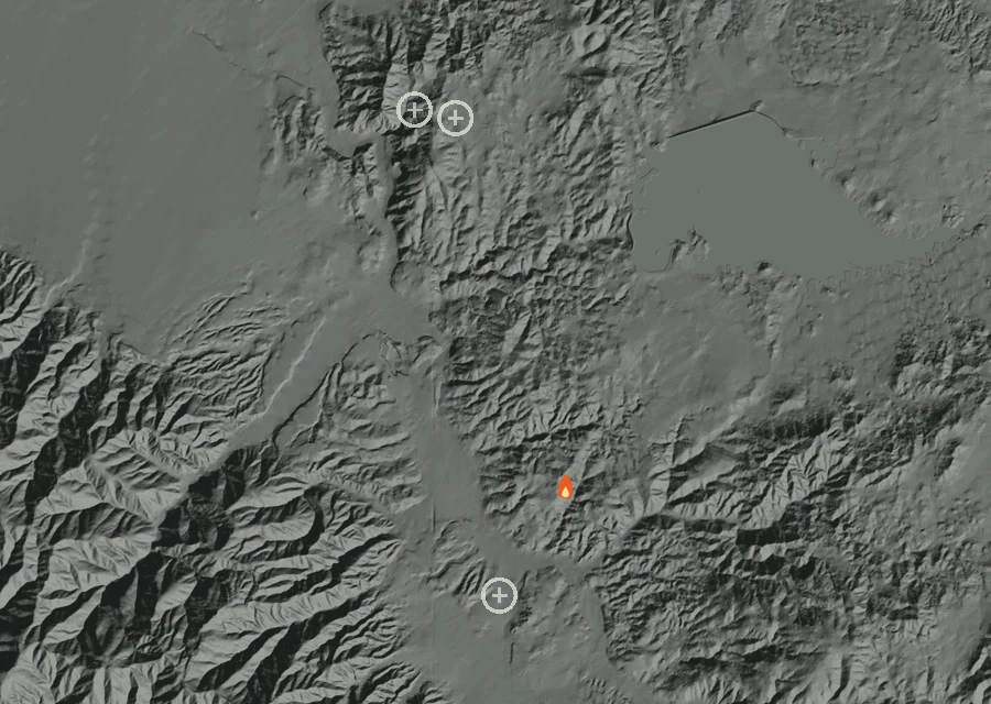 Map for Mon 31 Aug: flames mark every place that gave off heat that day.