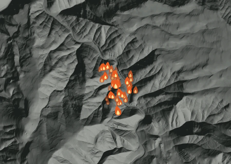 Map for Sat 22 Aug: flames mark every place that gave off heat that day.