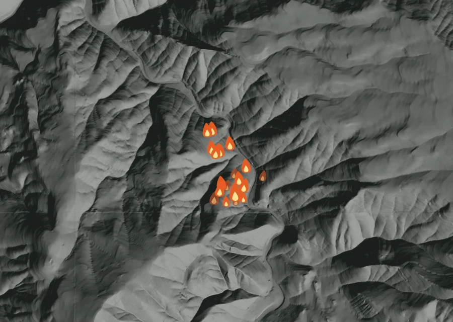 Map for Sun 23 Aug: flames mark every place that gave off heat that day.