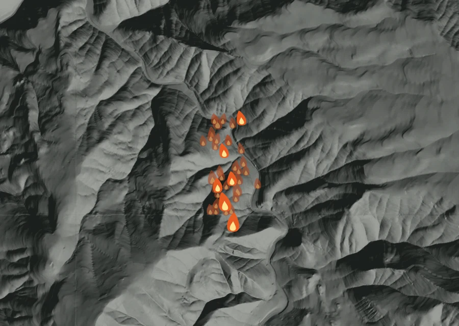 Map for Wed 26 Aug: flames mark every place that gave off heat that day.
