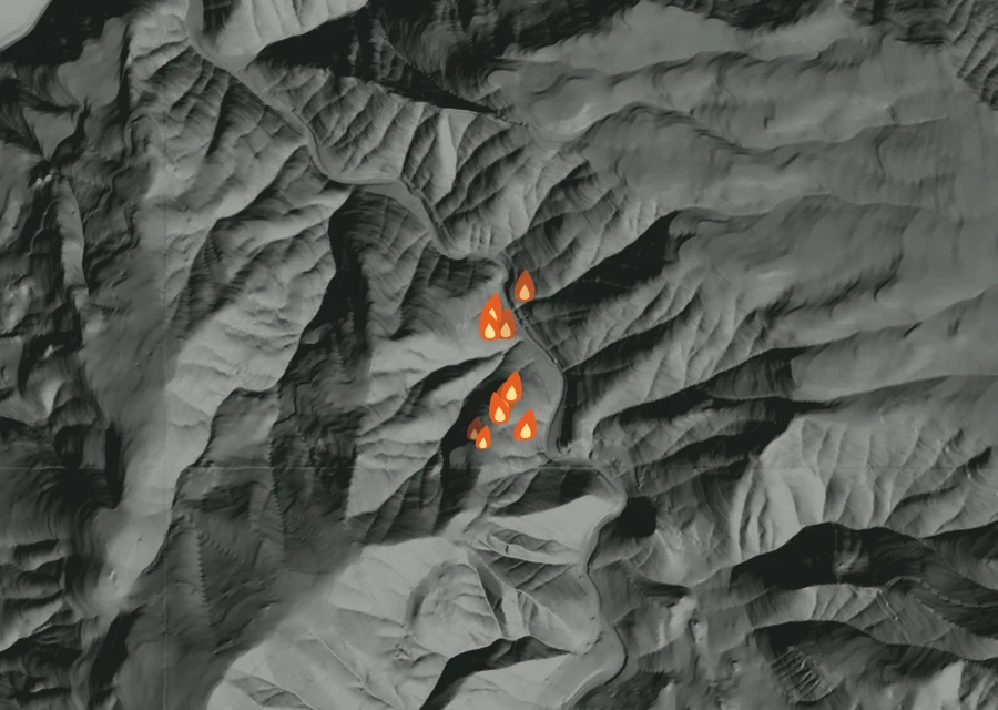 Map for Thu 27 Aug: flames mark every place that gave off heat that day.