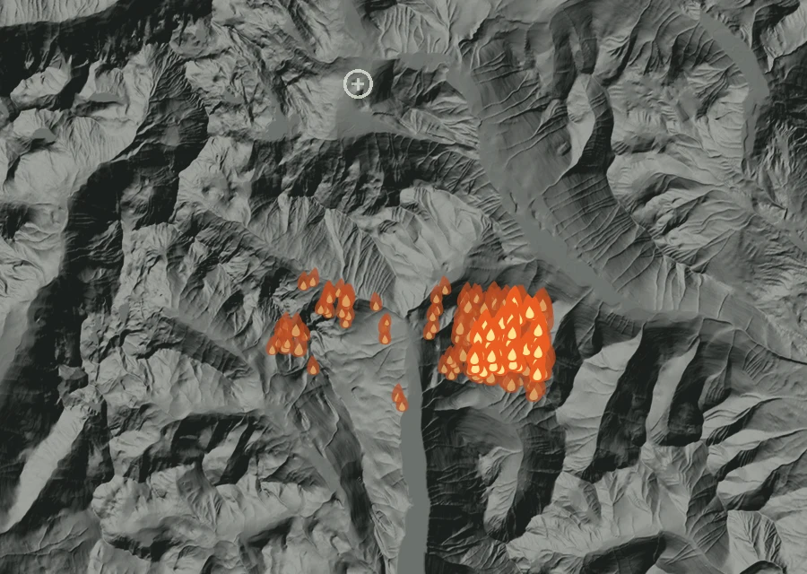 Animated map of the Three Queens Fire across the whole record, with a time bar along the bottom showing energy released and the local date.