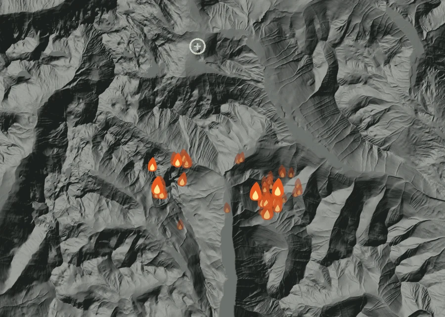 Map for Mon 24 Aug: flames mark every place that gave off heat that day.