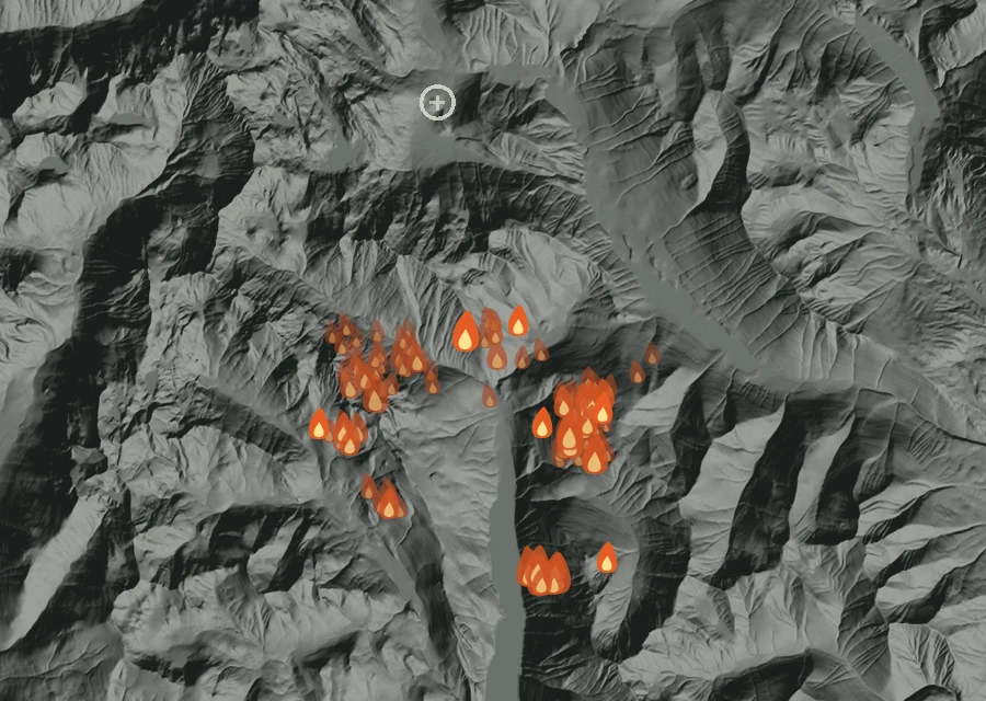 Map for Wed 26 Aug: flames mark every place that gave off heat that day.