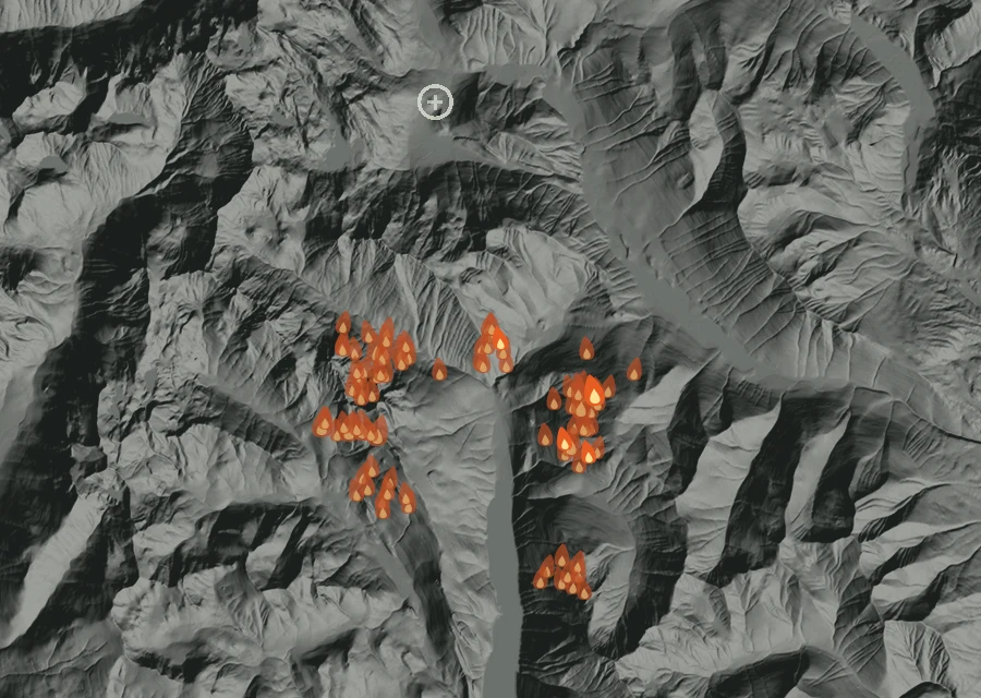 Map for Thu 27 Aug: flames mark every place that gave off heat that day.
