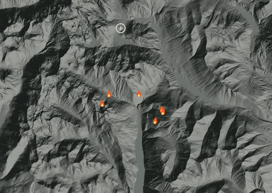 Map for Fri 28 Aug: flames mark every place that gave off heat that day.