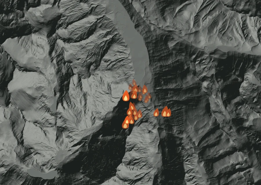 Map for Mon 24 Aug: flames mark every place that gave off heat that day.