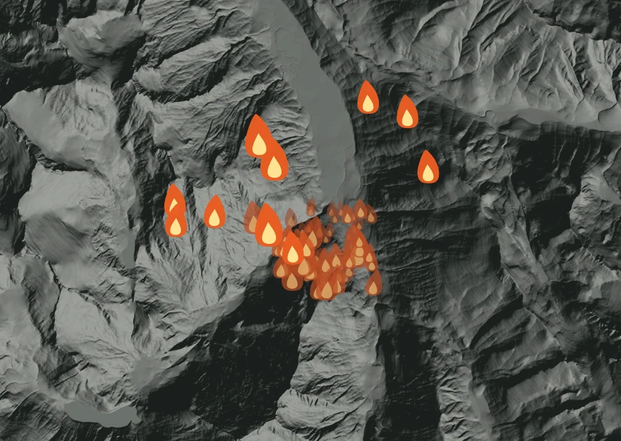 Map for Tue 25 Aug: flames mark every place that gave off heat that day.
