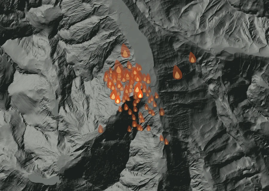 Map for Wed 26 Aug: flames mark every place that gave off heat that day.