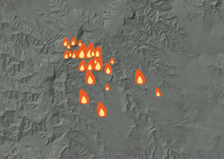 Animated map of the Van Meter Fire across the whole record, with a time bar along the bottom showing energy released and the local date.