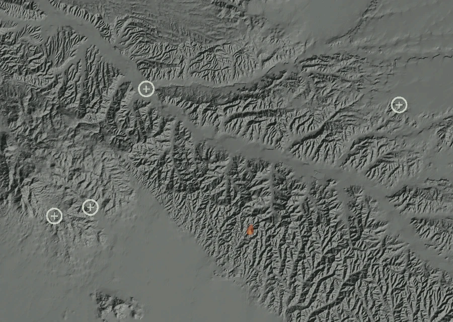 Shaded relief map of the Viper Fire. Amber flames mark every place that gave off heat in the last day; the shading is the shape of the ground.