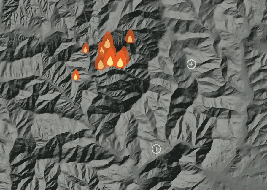 Animated map of the W Fork Evans Creek Fire across the whole record, with a time bar along the bottom showing energy released and the local date.