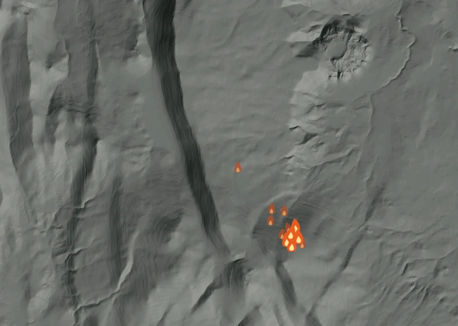 Map for Sun 23 Aug: flames mark every place that gave off heat that day.