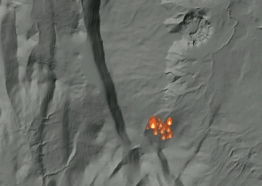 Map for Mon 24 Aug: flames mark every place that gave off heat that day.