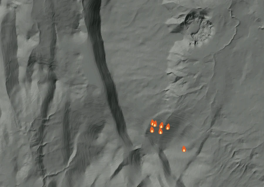 Map for Wed 26 Aug: flames mark every place that gave off heat that day.