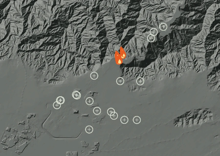 Animated map of the Zebra Fire across the whole record, with a time bar along the bottom showing energy released and the local date.